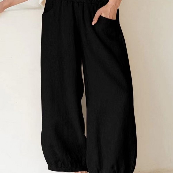 Casual Linen Loose-fit Solid-color Wide-leg Cropped Pants