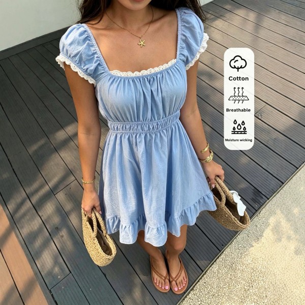 Summer French-Style Square-Neck Puff-Sleeve A-Line Dress For Women