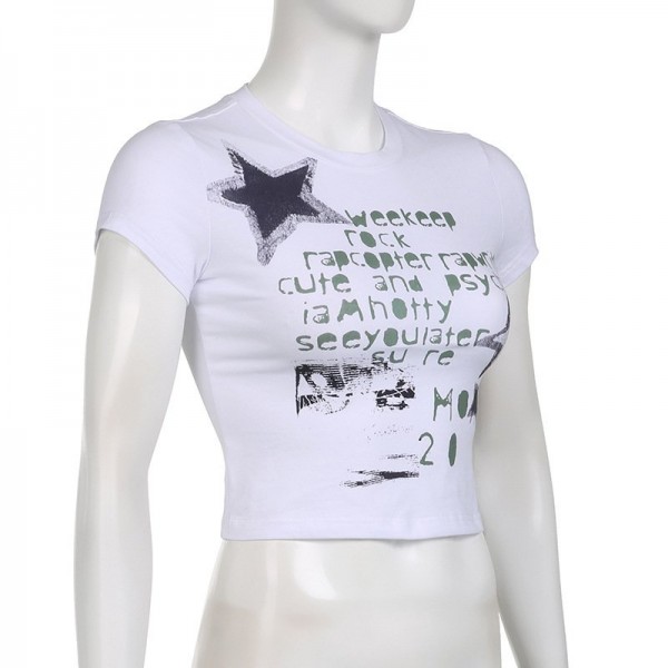 Summer Graffiti Letters Printed Simple Slim-fit Figure Flattering Short-sleeved Top For Women