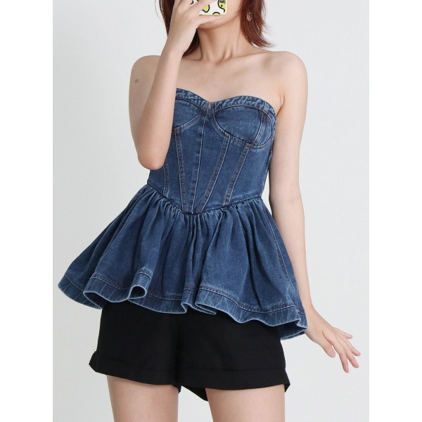 New Design Temperament Denim Bra Wash Ruffle Top Female