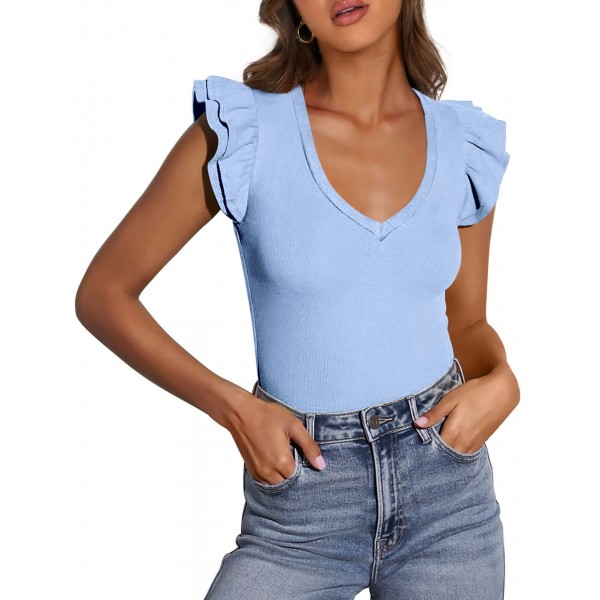 V-neck Ruffle-sleeve Knitted Short-sleeve Top For Women
