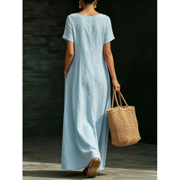 Summer U-Neck Short Sleeve Flowy Maxi Dress - Casual Solid Color Women's Loose Dress Summer Dress For Women