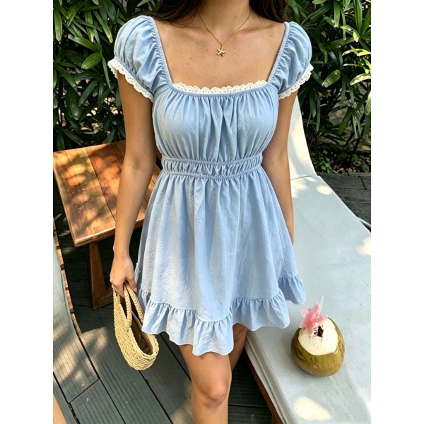 Summer French-Style Square-Neck Puff-Sleeve A-Line Dress For Women