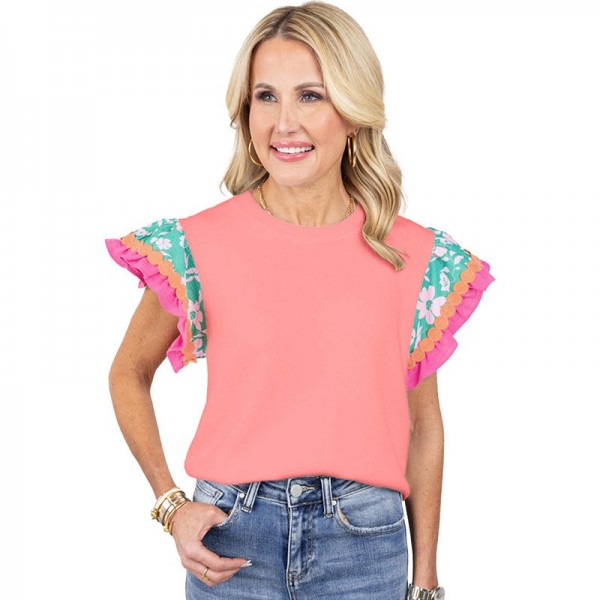 Summer New Floral Print Short-sleeved T-shirt For Women Fashion Color Contrast Round Neck Pullover Top For Women