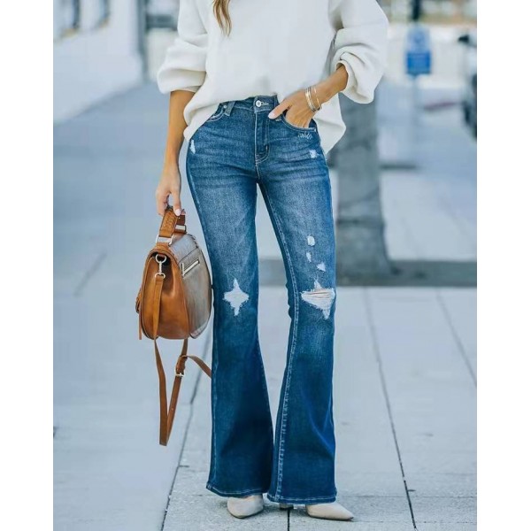 Washed Bell-bottom Pants Elastic Ripped Women
