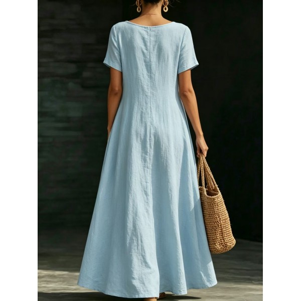 Summer U-Neck Short Sleeve Flowy Maxi Dress - Casual Solid Color Women's Loose Dress Summer Dress For Women