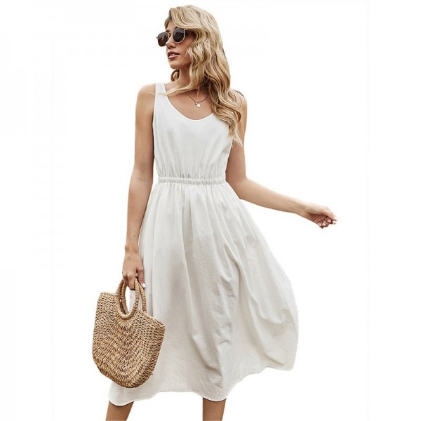 Spring New Sleeveless Dress Women Casual Solid Color O Neck Elegant White Sling Dress For Women Summer Dress