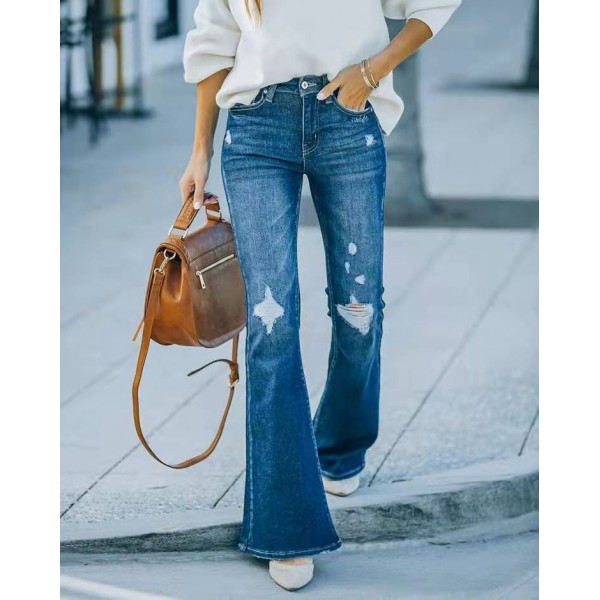 Washed Bell-bottom Pants Elastic Ripped Women