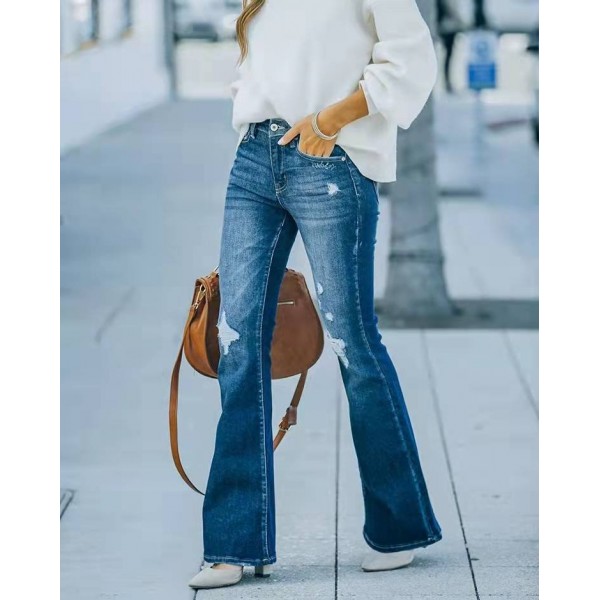 Washed Bell-bottom Pants Elastic Ripped Women