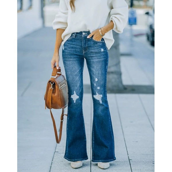 Washed Bell-bottom Pants Elastic Ripped Women