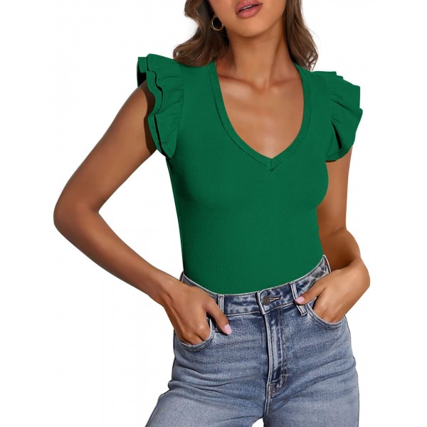 V-neck Ruffle-sleeve Knitted Short-sleeve Top For Women
