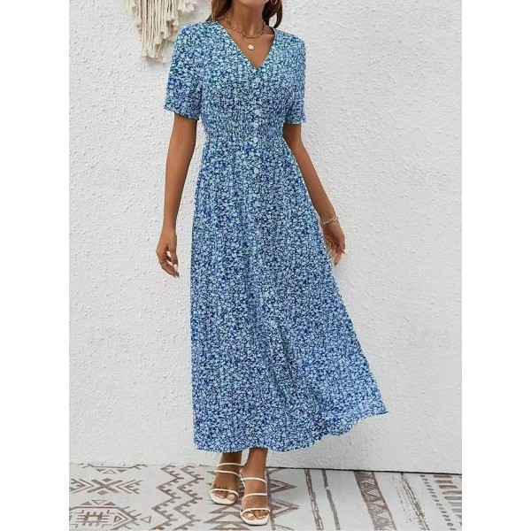 Summer New V-neck Printed Short Sleeve Split Dress Women