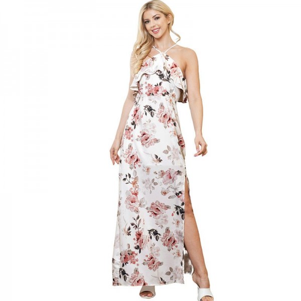 Summer Halter Dress Women Ruffled Floral Floral Print Slit Skirt