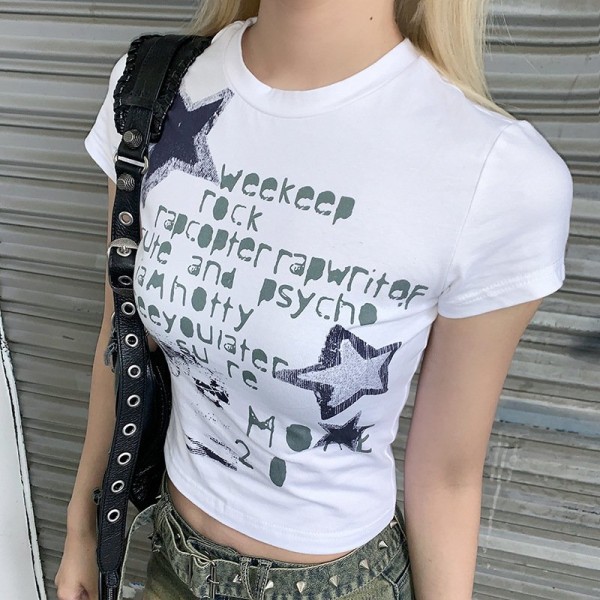 Summer Graffiti Letters Printed Simple Slim-fit Figure Flattering Short-sleeved Top For Women
