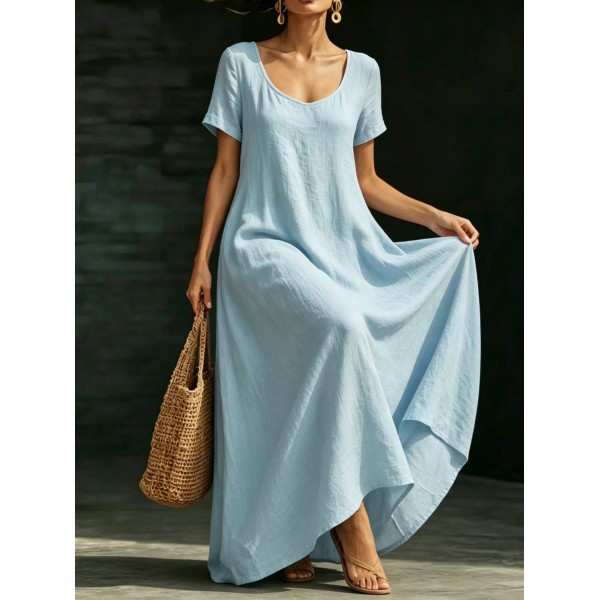 Summer U-Neck Short Sleeve Flowy Maxi Dress - Casual Solid Color Women's Loose Dress Summer Dress For Women