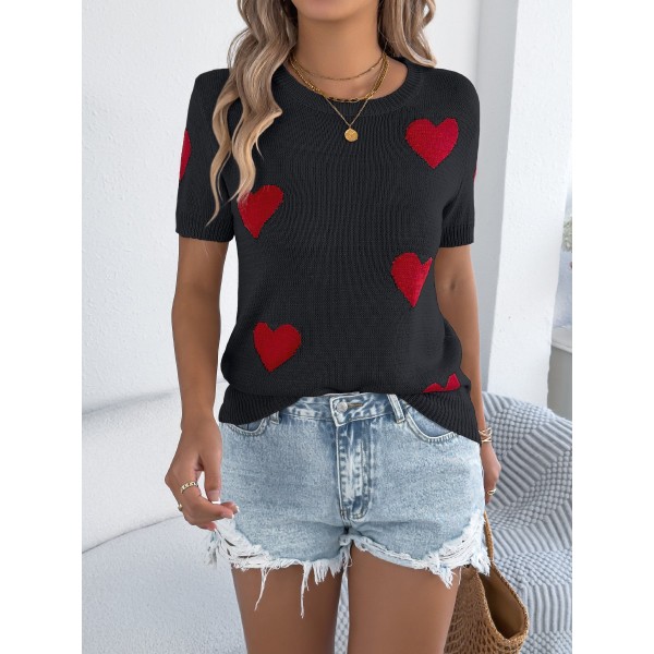 Women S Casual Color Block Heart Short Sleeve Knit Valentine S Top