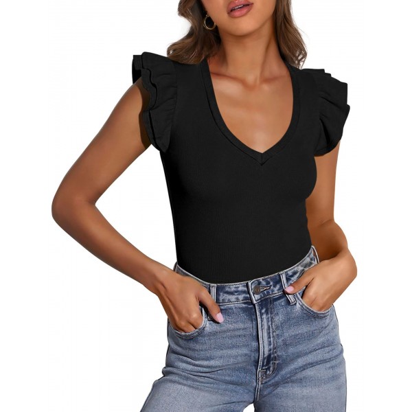 V-neck Ruffle-sleeve Knitted Short-sleeve Top For Women