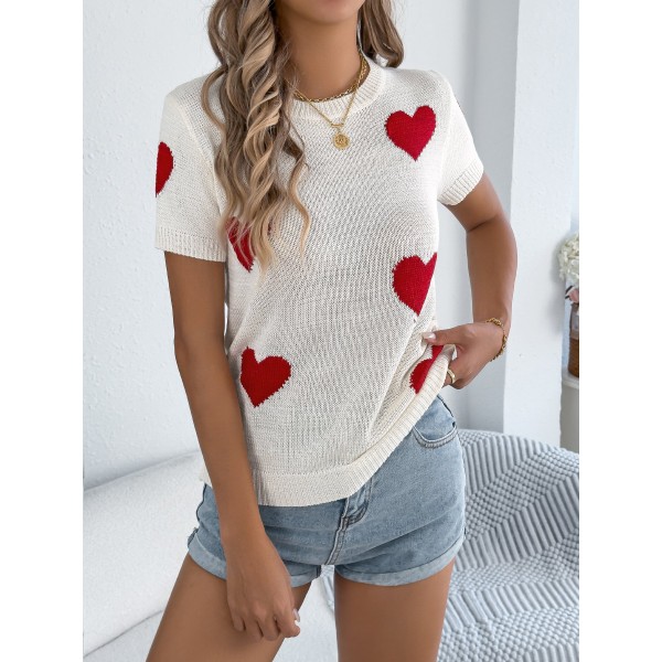 Women S Casual Color Block Heart Short Sleeve Knit Valentine S Top