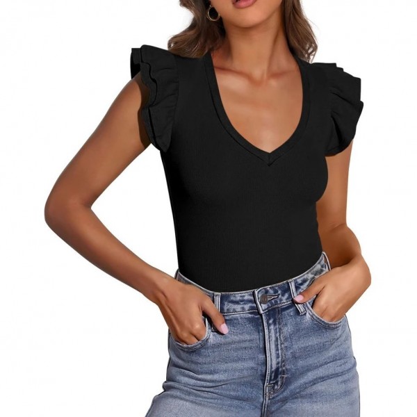 V-neck Ruffle-sleeve Knitted Short-sleeve Top For Women