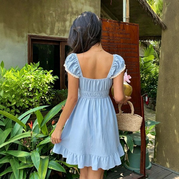 Summer French-Style Square-Neck Puff-Sleeve A-Line Dress For Women