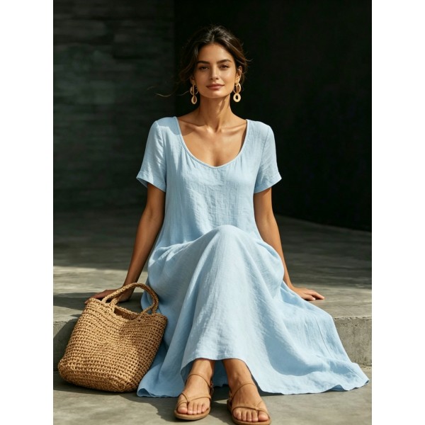 Summer U-Neck Short Sleeve Flowy Maxi Dress - Casual Solid Color Women's Loose Dress Summer Dress For Women