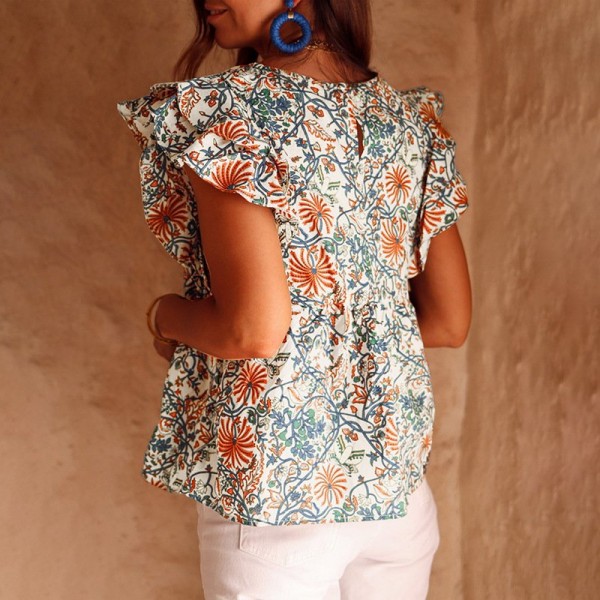 Floral Print Top For Women Summer New Ruffled Short Sleeve Chiffon Pullovers