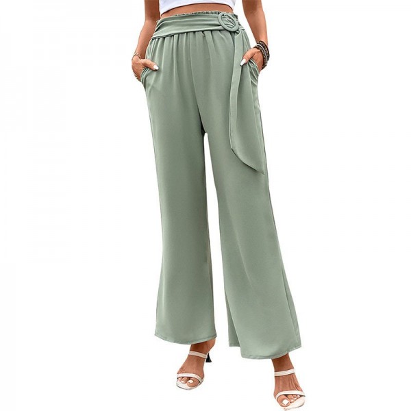 Casual Versatile Women's Green Wide Leg Pants With Belt