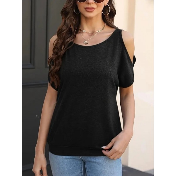 Summer New Arrival Women's T-Shirt, Fashion Loose Casual Off-the-Shoulder Crew Neck Short Sleeve Top