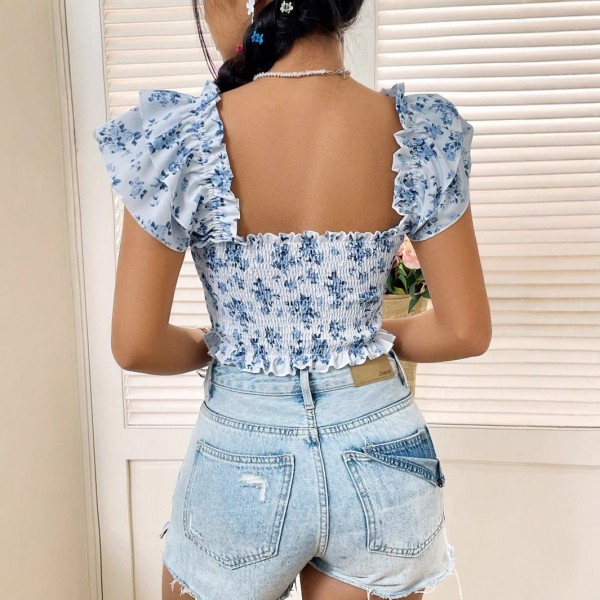 European And American Instagram-style Summer Floral-print Square-neck Top With Puff Sleeves For Women