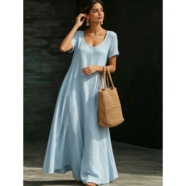 Summer U-Neck Short Sleeve Flowy Maxi Dress - Casual Solid Color Women's Loose Dress Summer Dress For Women