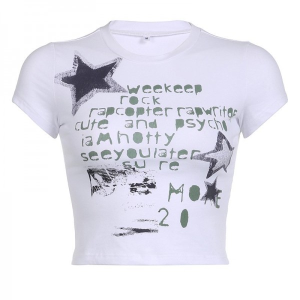 Summer Graffiti Letters Printed Simple Slim-fit Figure Flattering Short-sleeved Top For Women