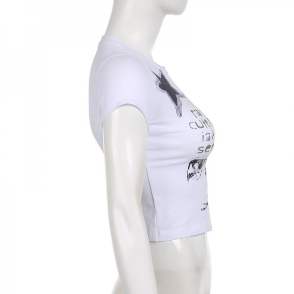 Summer Graffiti Letters Printed Simple Slim-fit Figure Flattering Short-sleeved Top For Women
