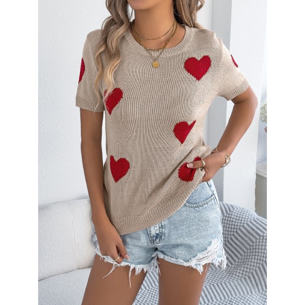 Women S Casual Color Block Heart Short Sleeve Knit Valentine S Top