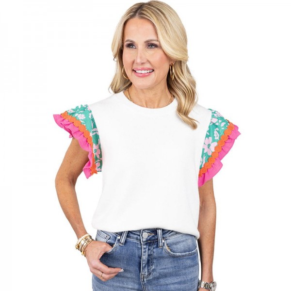 Summer New Floral Print Short-sleeved T-shirt For Women Fashion Color Contrast Round Neck Pullover Top For Women