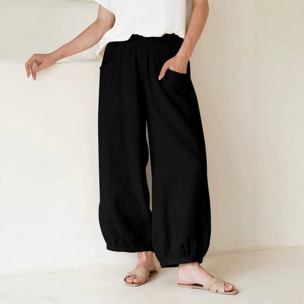 Casual Linen Loose-fit Solid-color Wide-leg Cropped Pants