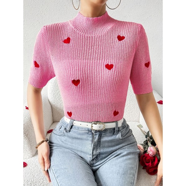 Fashion High-neck Heart Knit Short Sleeve Women