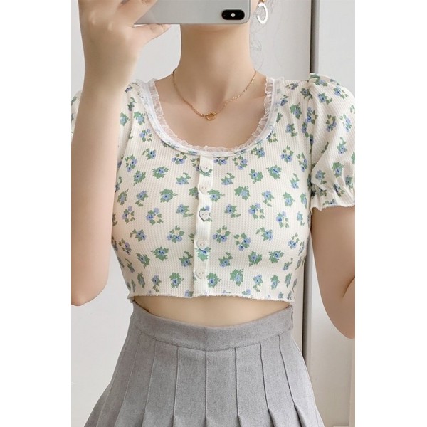 Retro Short Floral Puff Sleeve T-shirt Women
