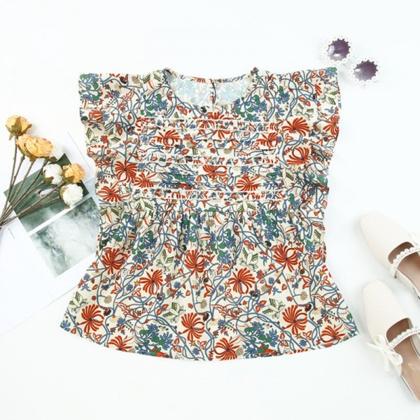 Floral Print Top For Women Summer New Ruffled Short Sleeve Chiffon Pullovers