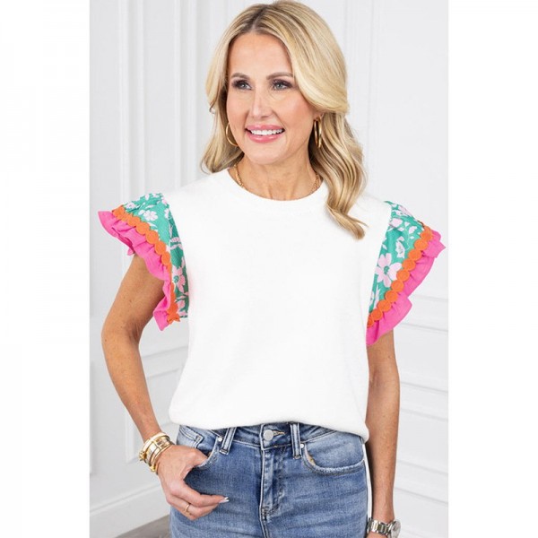Summer New Floral Print Short-sleeved T-shirt For Women Fashion Color Contrast Round Neck Pullover Top For Women