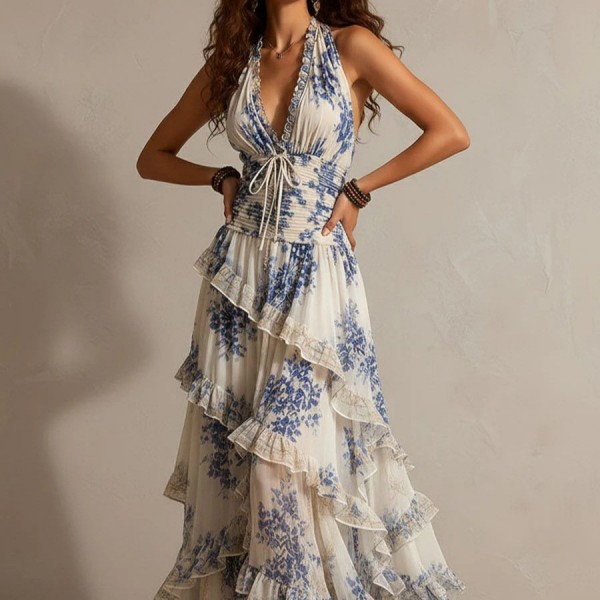 Multi-layered Ruffle-Trimmed Asymmetrical Long Holiday Dress