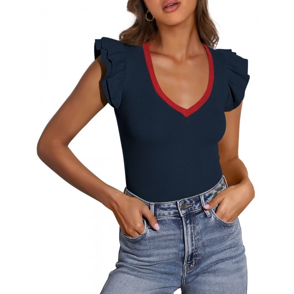 V-neck Ruffle-sleeve Knitted Short-sleeve Top For Women