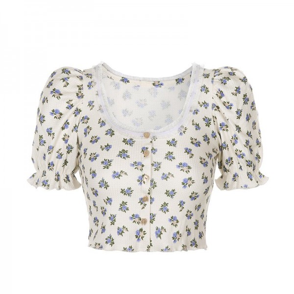 Retro Short Floral Puff Sleeve T-shirt Women