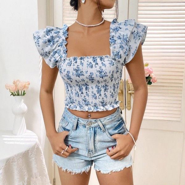 European And American Instagram-style Summer Floral-print Square-neck Top With Puff Sleeves For Women