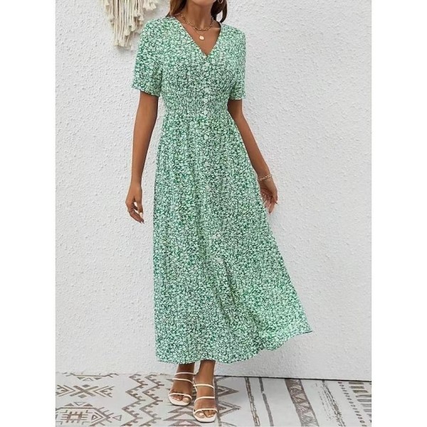 Summer New V-neck Printed Short Sleeve Split Dress Women
