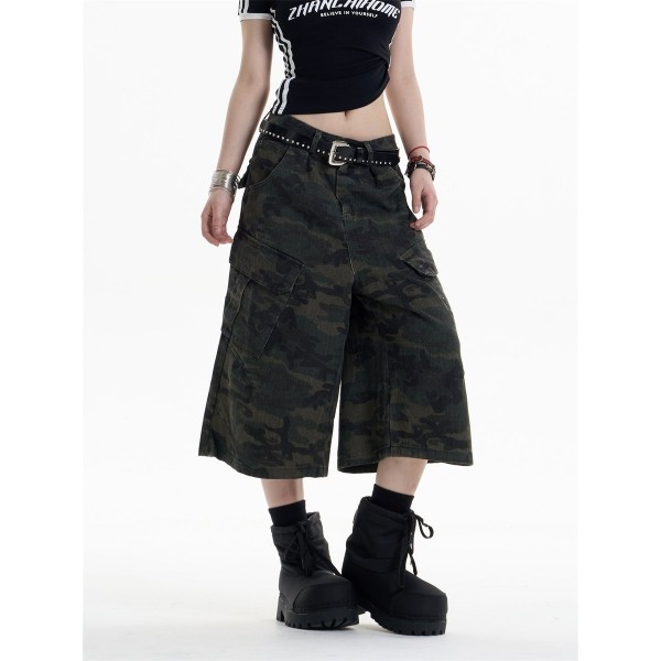 Retro Camouflage Workwear Cropped Pants For Women Wide-leg Casual Pants