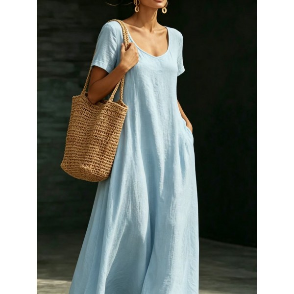 Summer U-Neck Short Sleeve Flowy Maxi Dress - Casual Solid Color Women's Loose Dress Summer Dress For Women