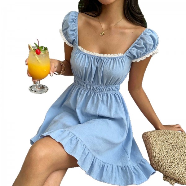 Summer French-Style Square-Neck Puff-Sleeve A-Line Dress For Women