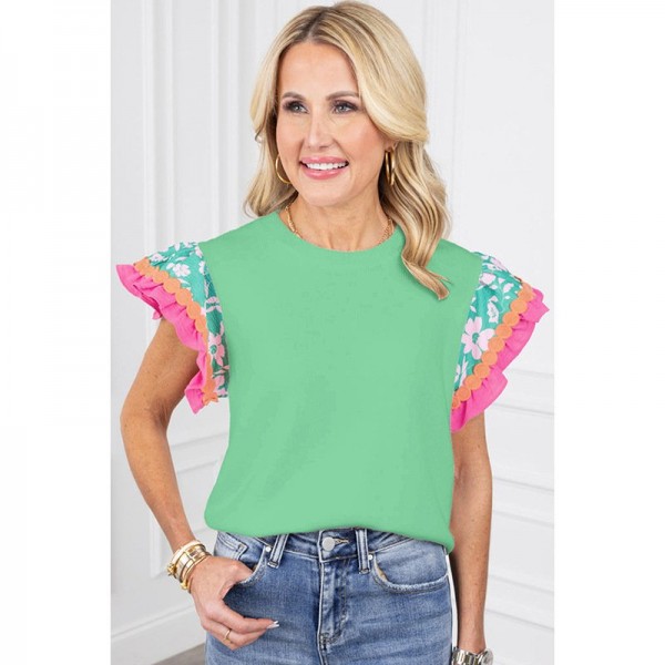 Summer New Floral Print Short-sleeved T-shirt For Women Fashion Color Contrast Round Neck Pullover Top For Women