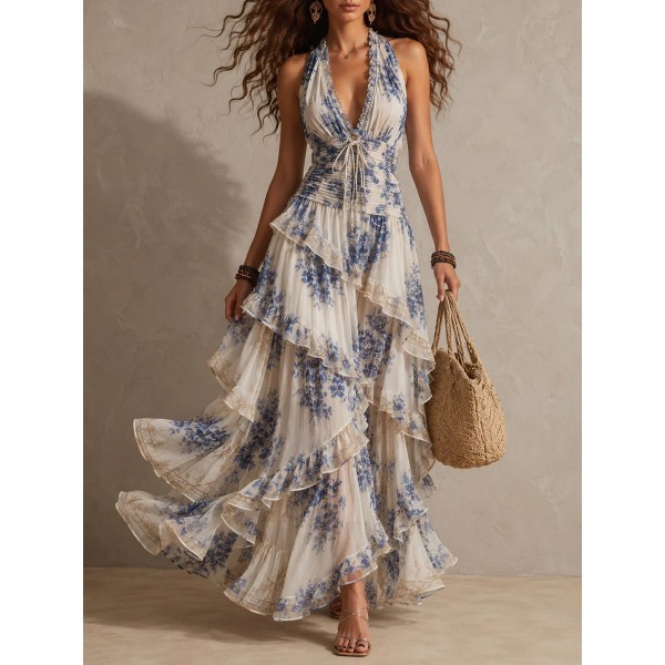 Multi-layered Ruffle-Trimmed Asymmetrical Long Holiday Dress