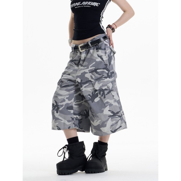 Retro Camouflage Workwear Cropped Pants For Women Wide-leg Casual Pants